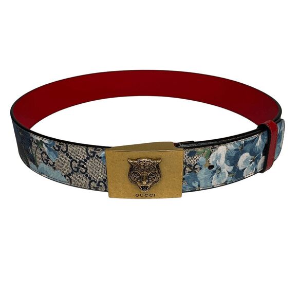Gucci Supreme Double GG Canvas Blue Blooms Belt Brass Tiger Head Buckle Size 80 - Picture 1 of 9